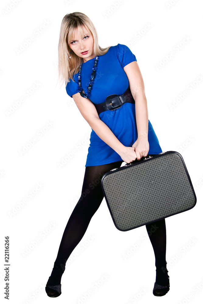 blonde girl with case on white background blonde girl with case on white background