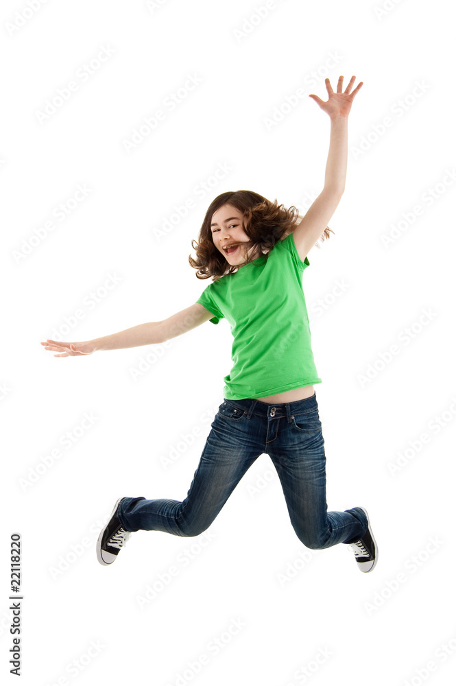 Girl jumping isolated on white background