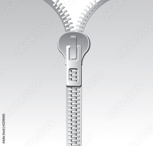 Opened silver zip with white background