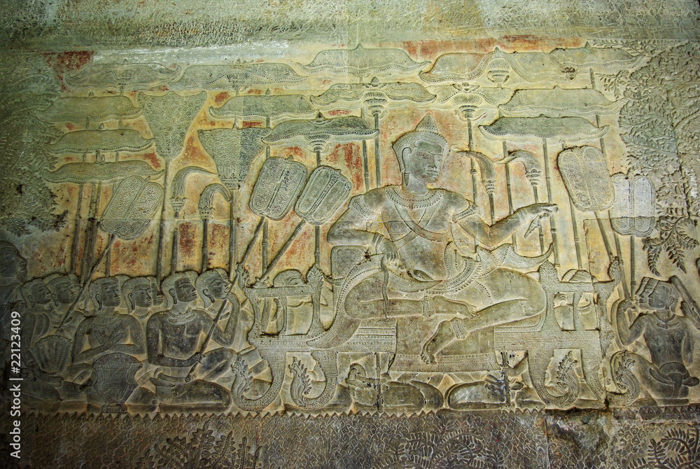 Close-up of engraved walls all around Angkor Wat temple