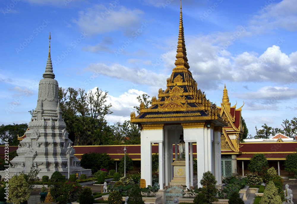 View of stupas in the Royal Palace garden in Phnom Penh city