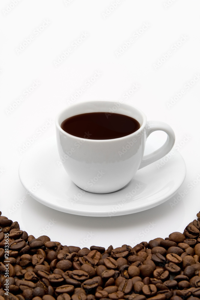 White coffee cup and grain on white background White coffee cup and grain on white background