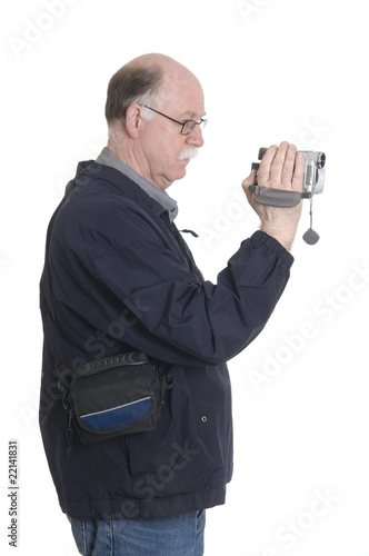 Man is filming isolated on white photo