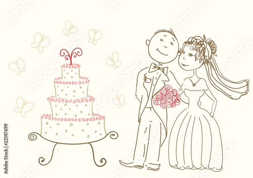 wedding cake and happy bride and groom