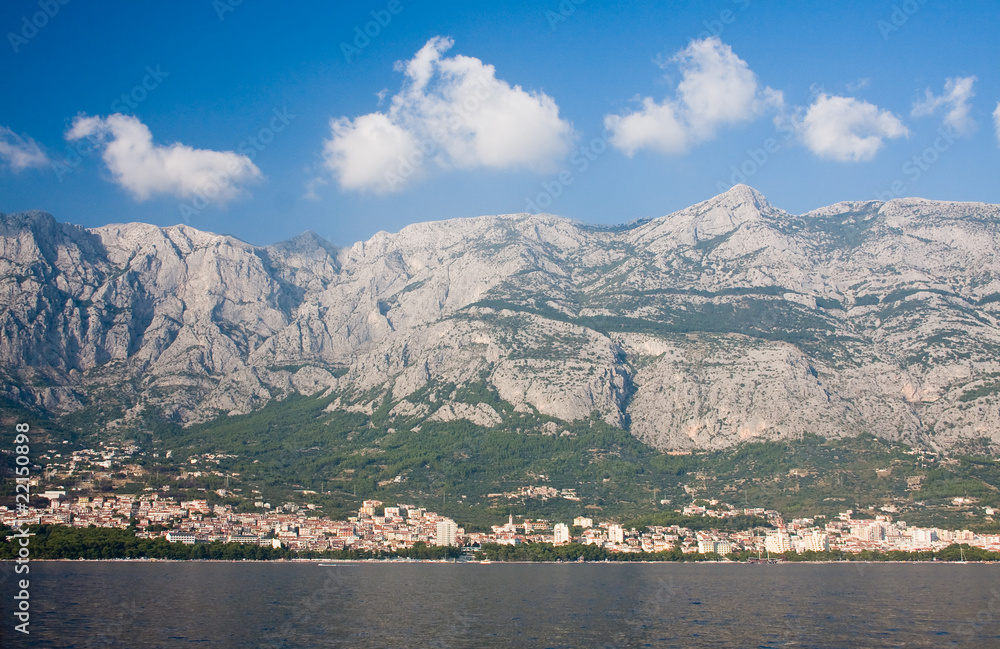 View from Sea resort of Makarska and mountains Biokovo. Croatia