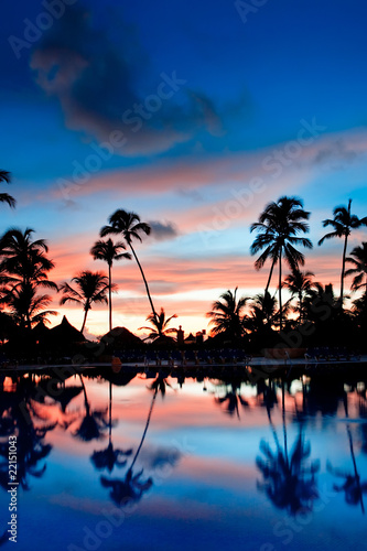 Fototapeta Naklejka Na Ścianę i Meble -  Blue and red sunset over sea beach with palms Dominican republic