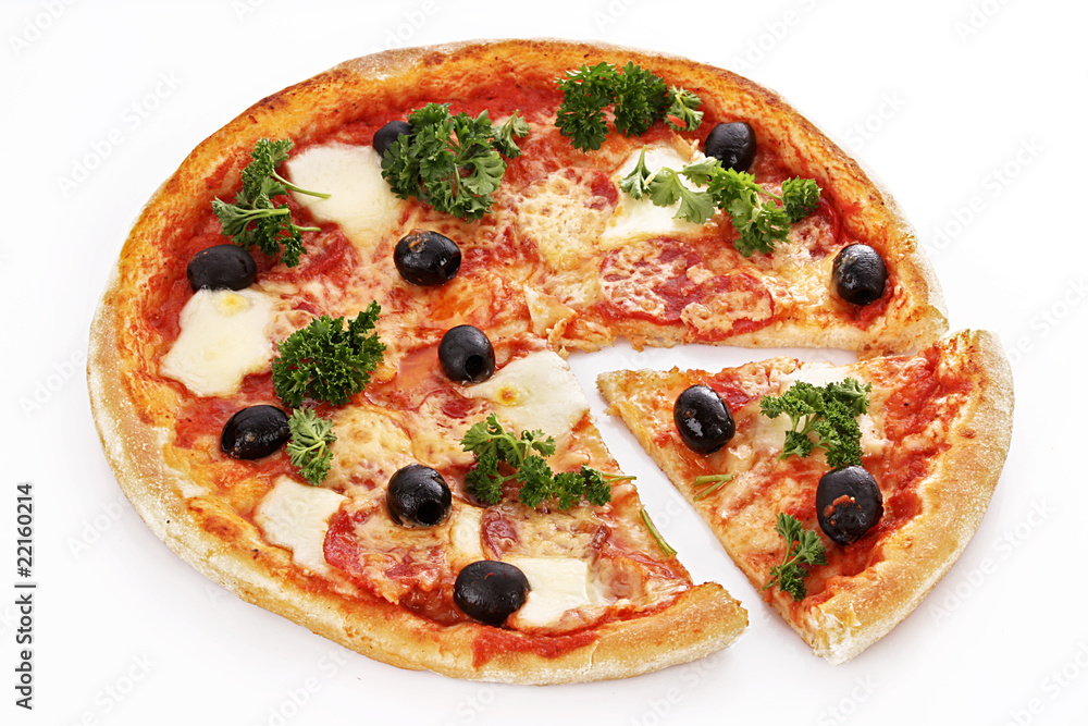 Pizza with olives .isolated on white