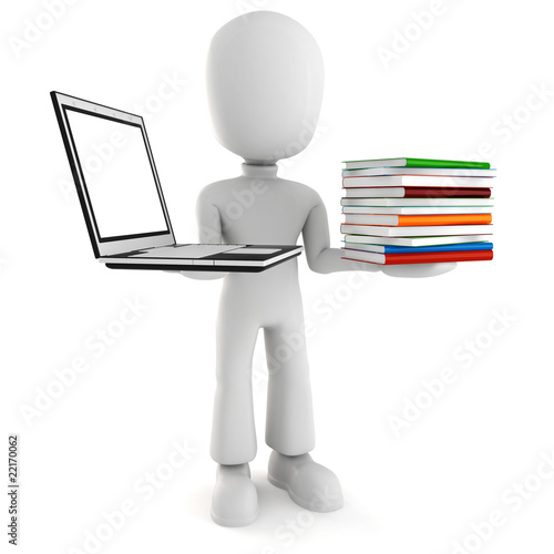 3d man holding a laptopp and some books photo