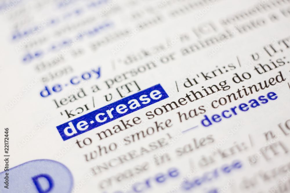 Fototapeta premium Dictionary definition of word decrease in blue color