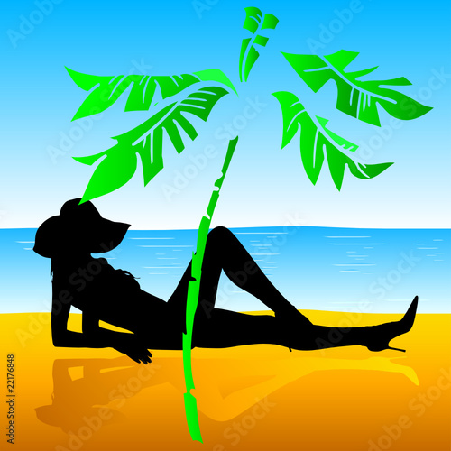 girl sunbather on the beach under palm trees illustration