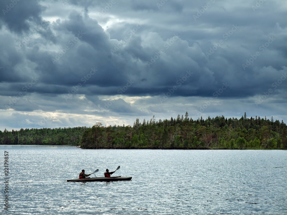 Naklejka premium canoe travel on lake