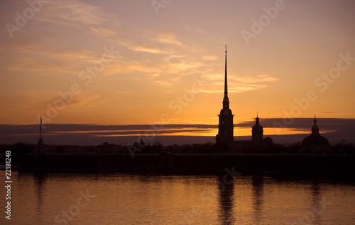 View of the Cathedral of Peter and Paul Fortress at sunset