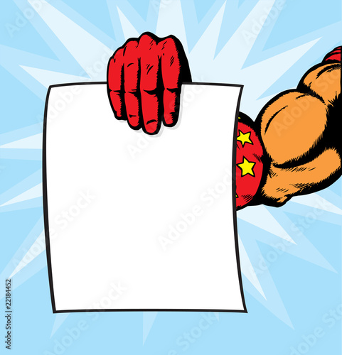 superhero hand holding flyer.