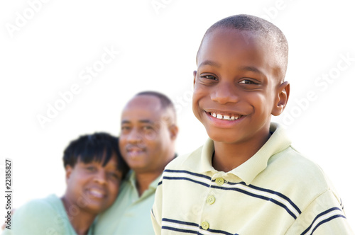 Handsome African American Boy with Parents Isolated