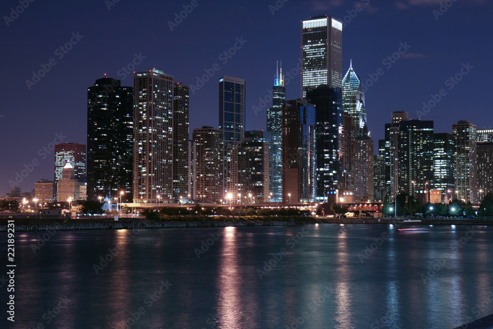 Chicago skyline and reflection at night
