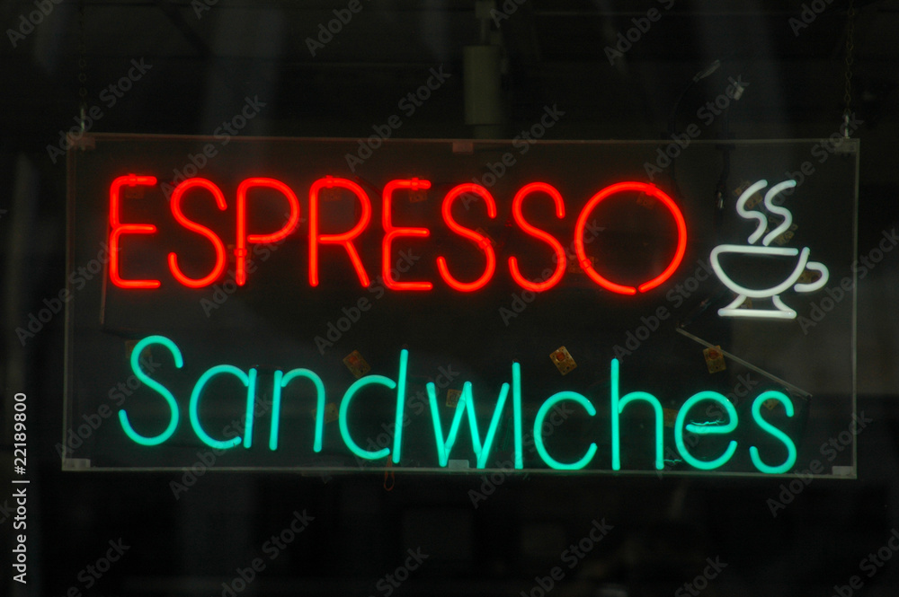 Retail image of a neon espresso and sandwiches sign Retail image of a neon espresso and sandwiches sign
