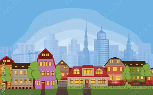 Row of houses in quiet neighborhood district of large town