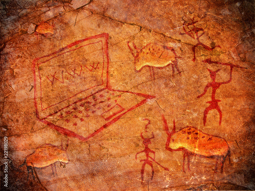 hunters on cave paint digital illustration with notebook