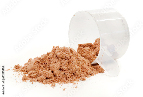 A scoop of protein powder drink on white background.