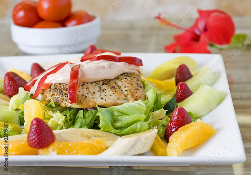 Chicken salad with dressing and fresh fruit