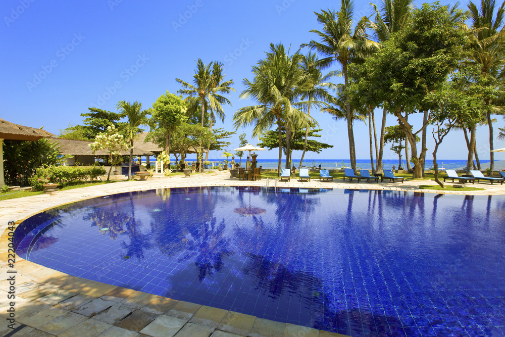 Pool, ocean, palm trees. .Indonesia. Bali..
