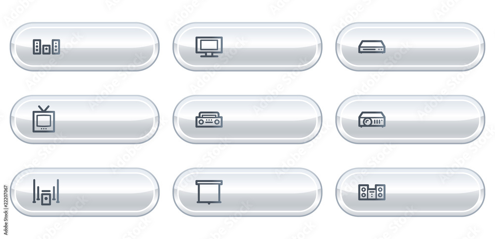 Audio video web icons, white e buttons with copyspace Audio video web icons, white e buttons with copyspace