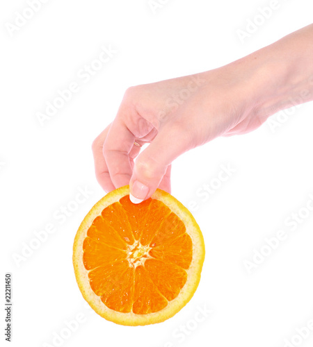 Orange in hand isolated on a white background