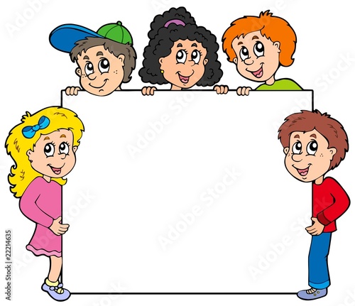 Various kids holding board