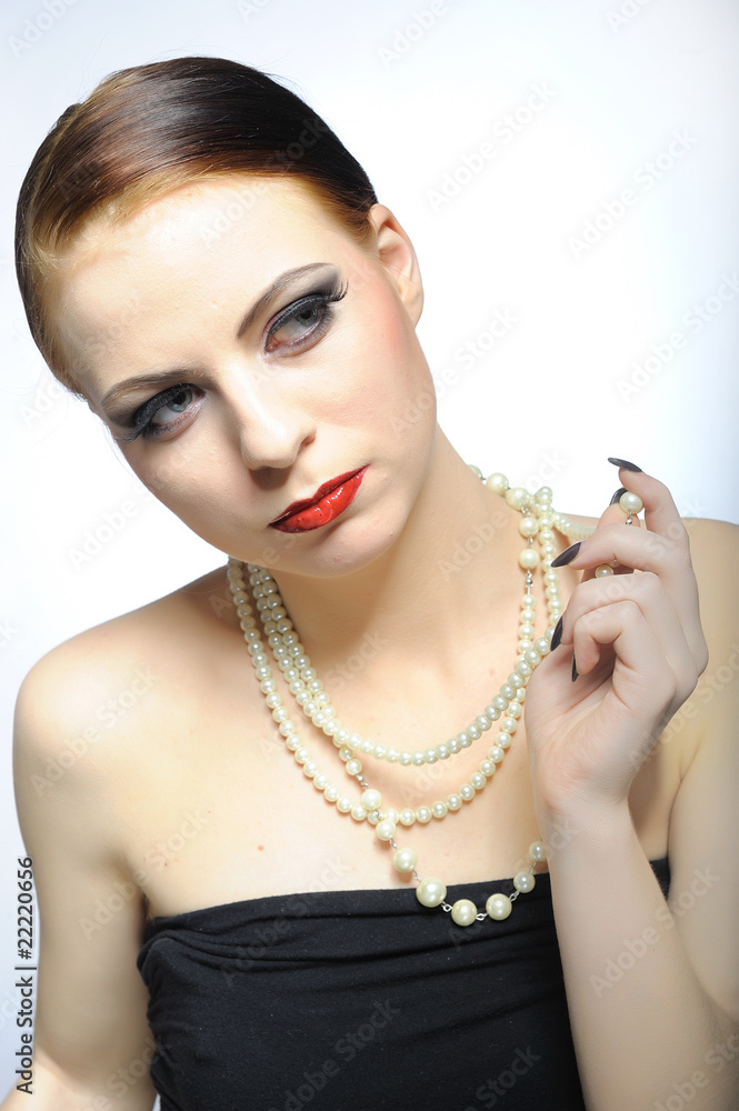 elegant aristocratic beauty female face with red shiny lips