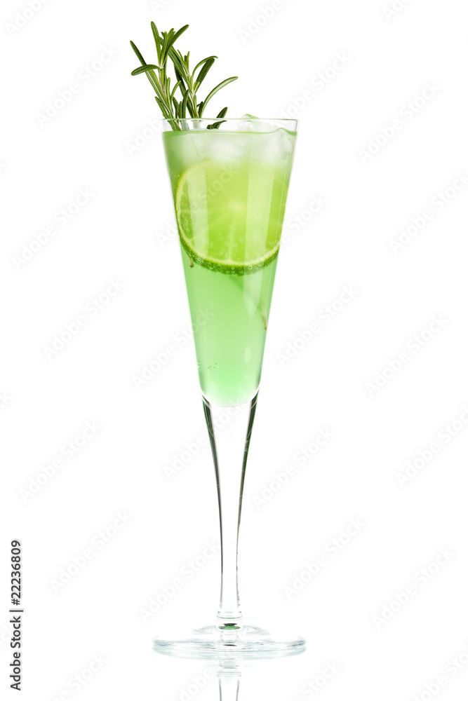 Mint Champagne alcohol cocktail with lime slice and rosemary Mint Champagne alcohol cocktail with lime slice and rosemary