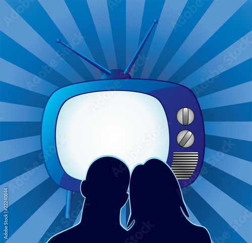 vector couple watching retro tv set