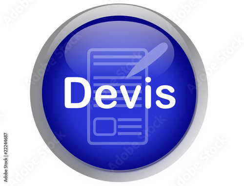 Bouton rond devis feuille et stylo sur fond bleu