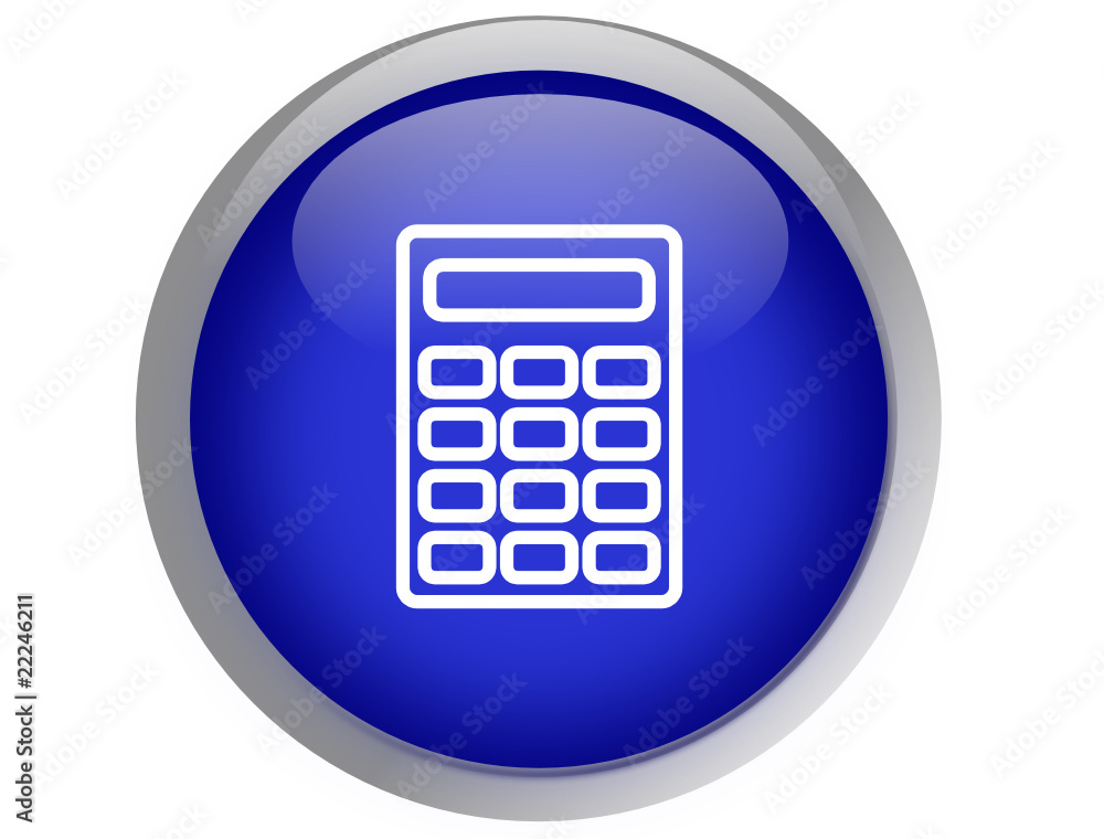 Bouton rond calculatrice en icone sur fond bleu Bouton rond calculatrice en icone sur fond bleu