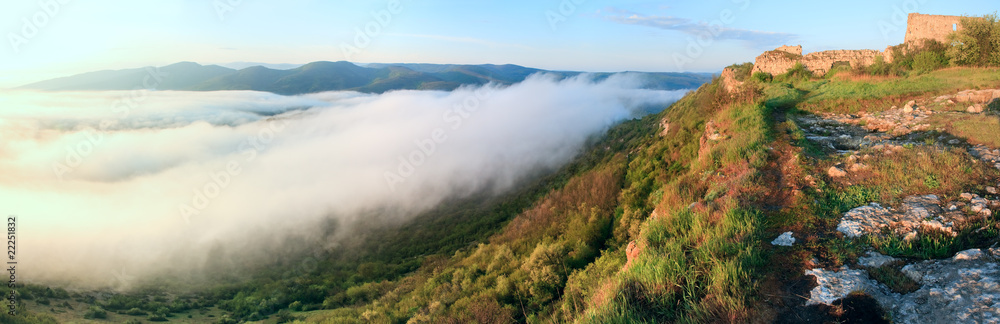 Morning panorama cloudy view from top of Mangup ancient settleme Morning panorama cloudy view from top of Mangup ancient settleme
