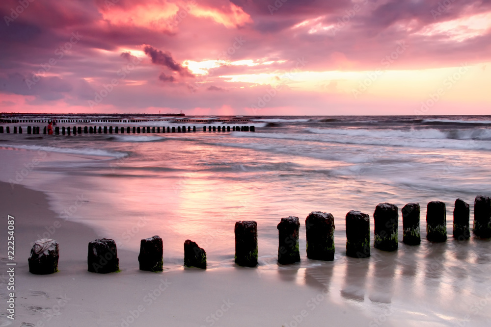 Calmness.Beautiful sunset at Baltic sea. - obrazy, fototapety, plakaty 