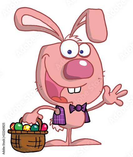 Waving Pink Bunny With Easter Eggs And Basket