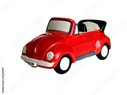 Red children s piggy bank car on a white background