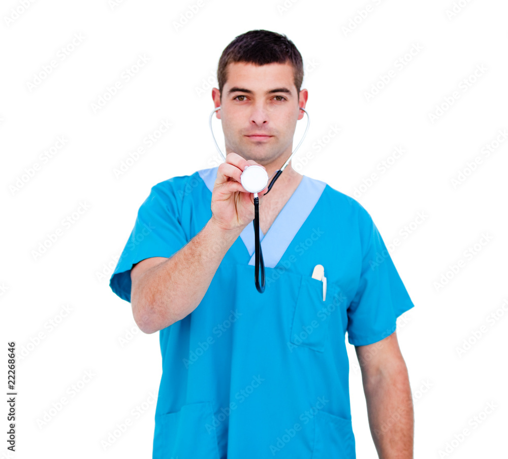 Self-assured male doctor holding a stethoscope Self-assured male doctor holding a stethoscope