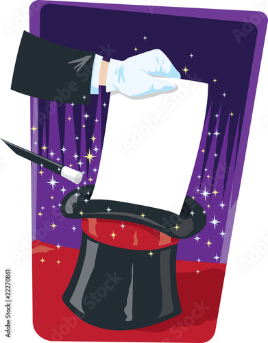 Magician pulling out flyer from hat.