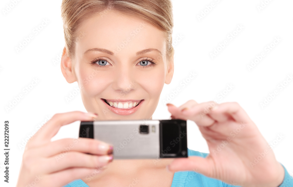 happy woman using phone camera happy woman using phone camera