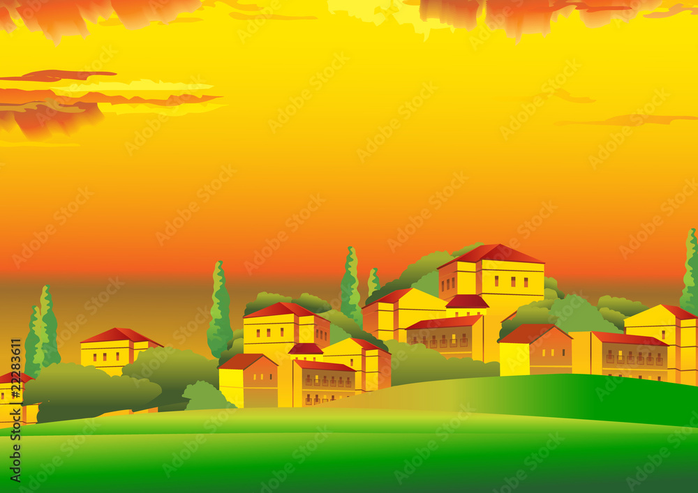 Evening landscape with the town. Vector art-illustration.