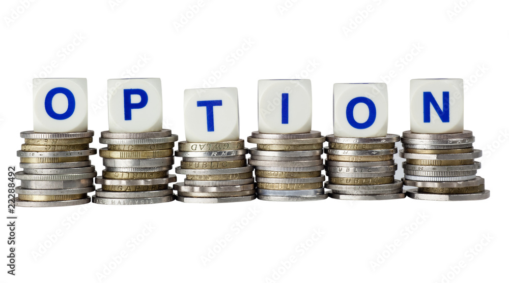 Stacks of coins with the word OPTION isolated on white Stacks of coins with the word OPTION isolated on white