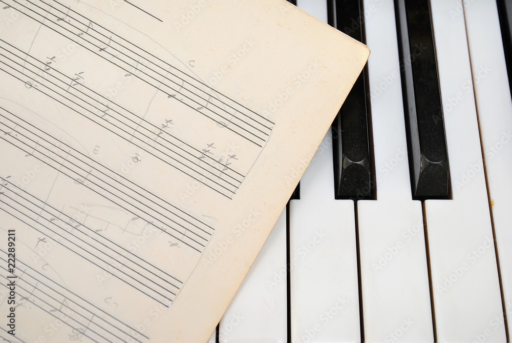 Fototapeta premium Piano keyboard with old music score