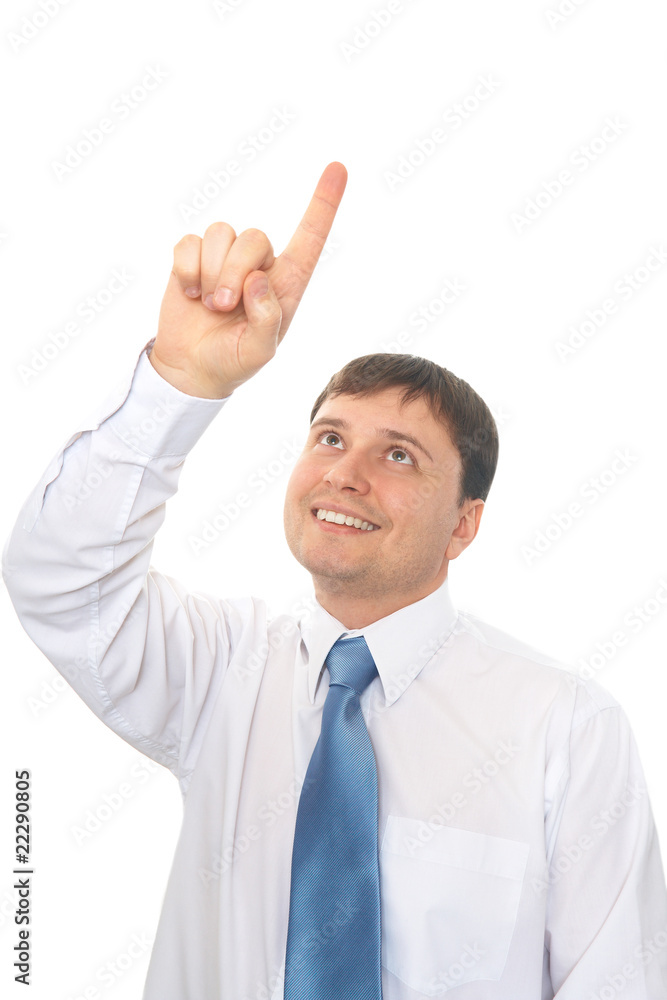 businessman presses a finger on a virtual button businessman presses a finger on a virtual button