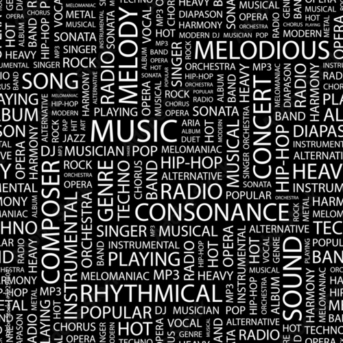 MUSIC. Seamless vector pattern with word cloud.