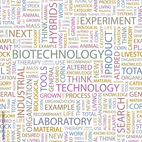 BIOTECHNOLOGY. Seamless vector pattern with word cloud.