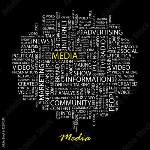 MEDIA. Word collage on black background.