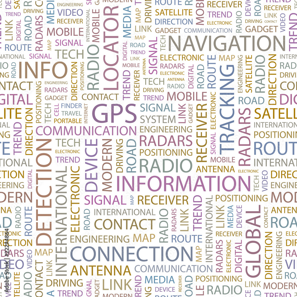 GPS. Seamless vector pattern with word cloud. GPS. Seamless vector pattern with word cloud.