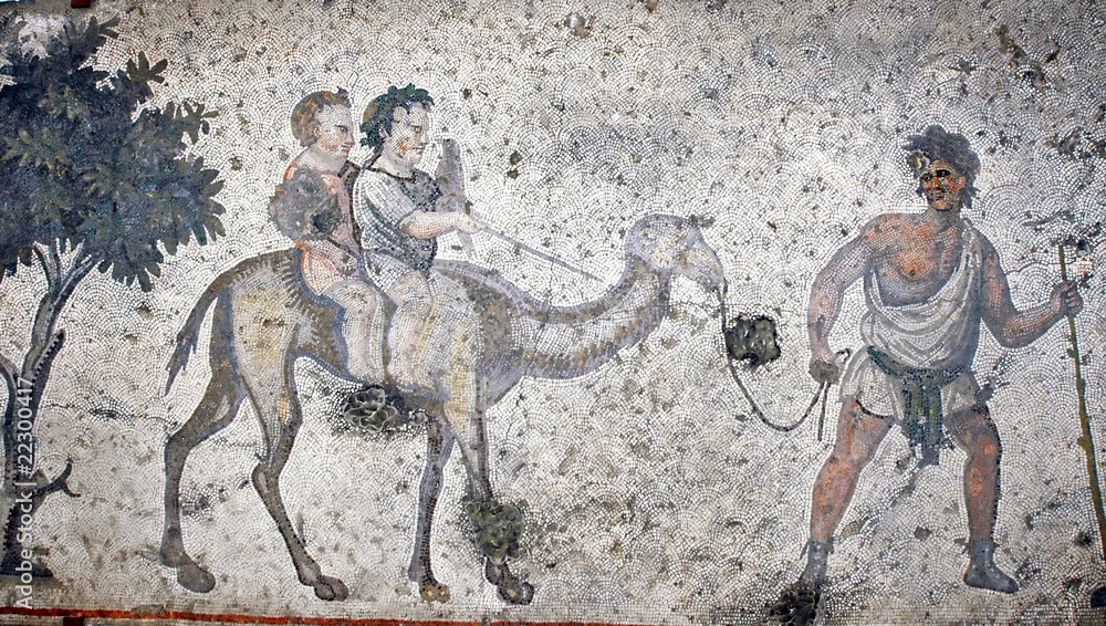 Naklejka premium Children on a dromedary, mosaic, Istanbul