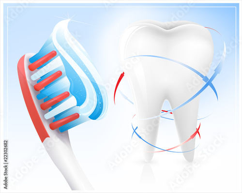Vector. Dental concept. White tooth, toothbrush and toothpaste.